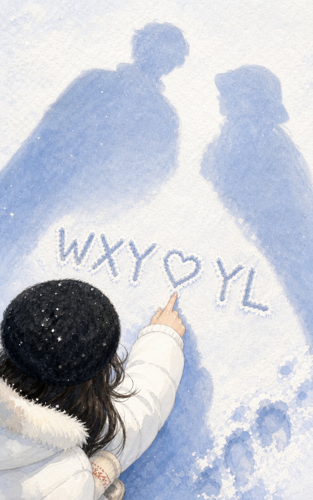 长春的白色雪地上，女生用手指写下 WXY ♡ YL，两个人的影子落在旁边。