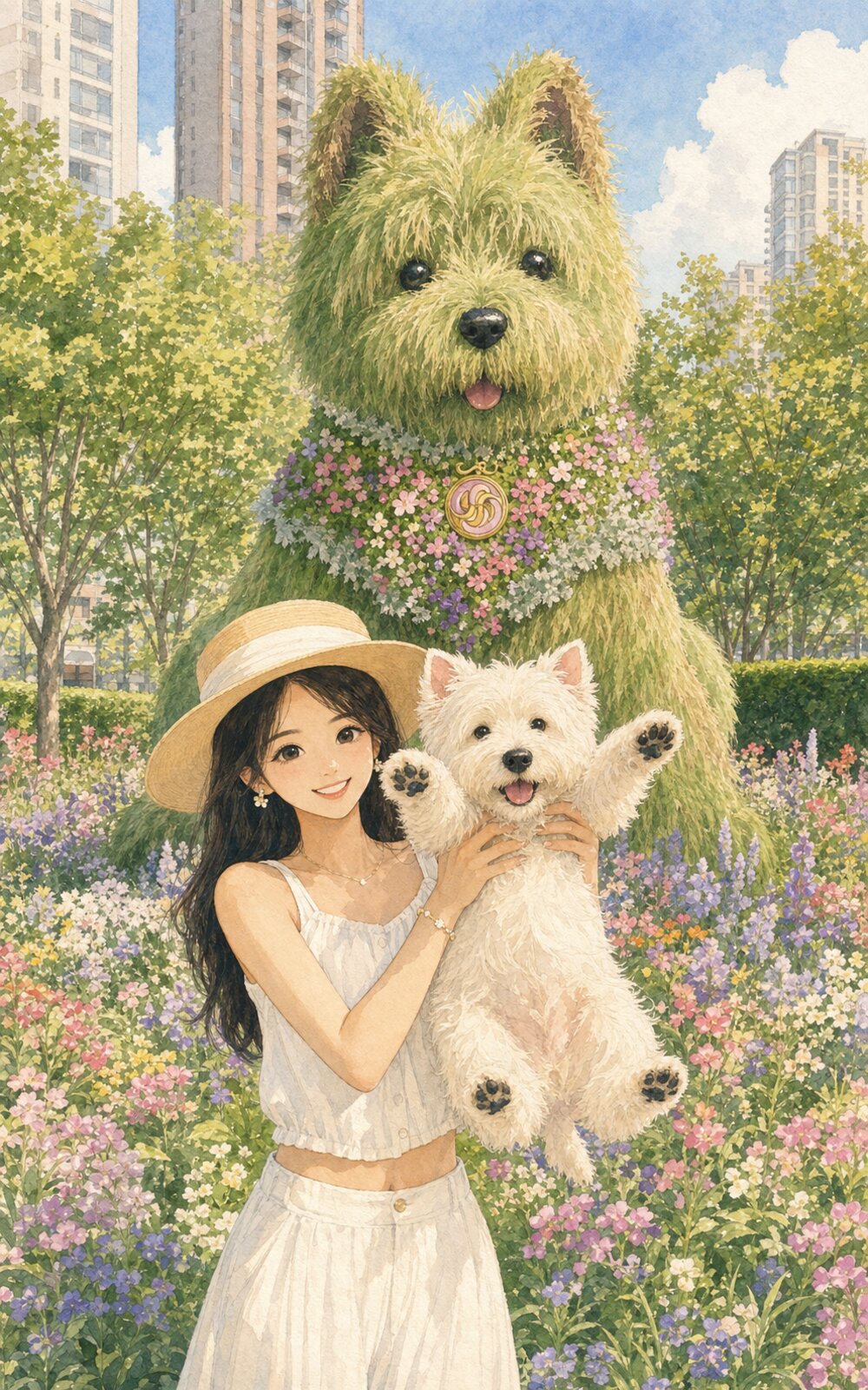 五月上海，女生抱着一只可爱的西高地犬，身后是绿色植物做成的西高地雕塑。
